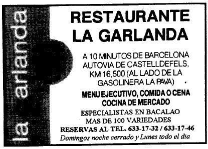 Anuncio del restaurante 'La Garlanda' de Gav� Mar publicado en el diario EL MUNDO DEPORTIVO (3 de Enero de 1998)